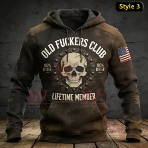 Dark distressed hoodie with large skull emblem old fuckers club text lifetime member wording and USA flag patch on sleeve!