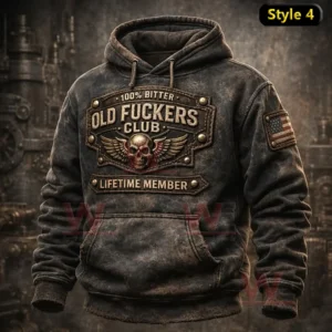 Dark gray distressed hoodie with embroidered badge style old fuckers club text winged skull emblem and USA flag patch on sleeve!