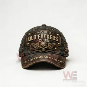 Vintage style baseball cap with skull and wings emblem bold lettering and aged leather look!