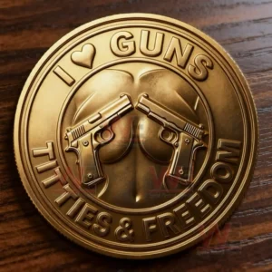 A gold coin with two pistols crossed before a stylized female chest accompanied by engraved text about guns and freedom!