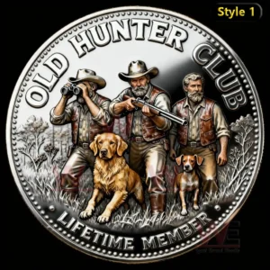 Hunting club style medal with engraved hunters and dogs designed to honor lifelong dedication tradition and passion for the hunt!