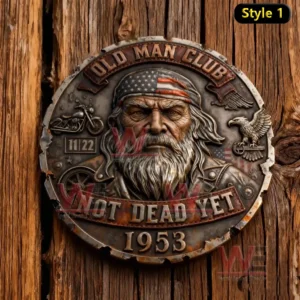 Metal emblem with an old biker face rustic texture and bold vintage style on a wooden background!