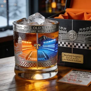 Whiskey glass with ice and detailed stadium artwork showing a classic and modern design placed on a wooden surface!