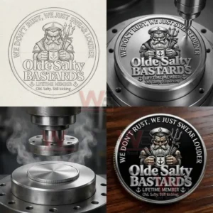 Metal club coin featuring a bearded sailor emblem displayed through design sketch machining and final product views!