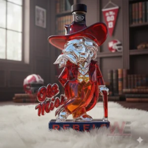 Ole Miss Rebels Colonel Reb Custom Whiskey Bottle 5 A stylized Rebels bottle stands on a soft white rug surrounded by books helmets and team banners!