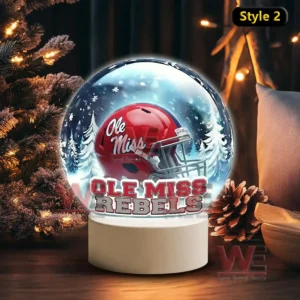 Snowy themed decorative globe with an Ole Miss Rebels helmet on a white stand!