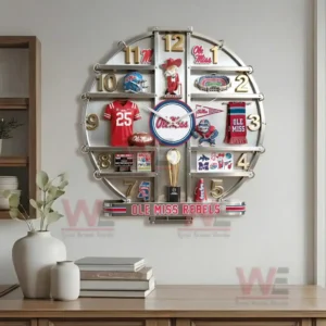 Ole Miss Rebels themed wall clock displaying detailed football memorabilia arranged inside a metallic round frame!