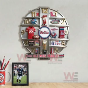 Ole Miss Rebels Home Decorative 3D Wall Clock 7 Ole Miss Rebels wall clock showcased on a minimal wall highlighting its decorative sports design!