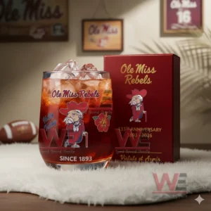 Ole Miss Rebels anniversary glass with red iced drink beside a deep red box showing mascot and celebratory information!