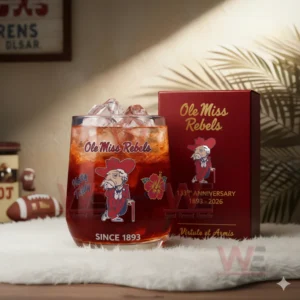 Ole Miss Rebels glass with red iced drink beside a deep red box in a softly lit sports themed setting!