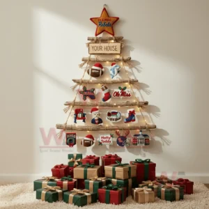 Ole Miss Rebels Premium Rustic Wall Christmas Tree 5 A rustic wooden christmas wall tree decorated with ole miss rebels themed ornaments and displayed above many wrapped gifts!