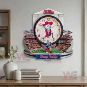 Ole Miss Rebels Stadium Home Decorative 3D Wall Clock 6 Ole Miss Rebels wall clock shown in a living room emphasizing school spirit and strong visual impact!
