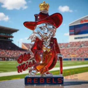 Red character shaped glass bottle with crown displayed on a football field table!