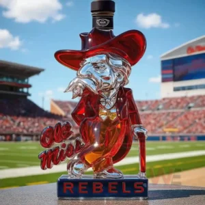 Ole Miss Rebels Mascot Whiskey bottle 6 Red character glass bottle with dark cap standing on a field surface!