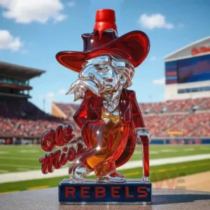 Ole Miss Rebels Mascot Whiskey bottle 7 Red character shaped bottle with red cap displayed in a stadium!
