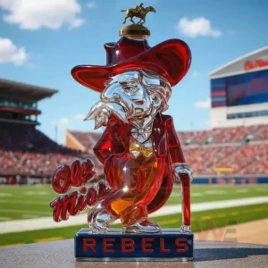 Ole Miss Rebels Mascot Whiskey bottle 8 Red character bottle with horse statue stopper placed on a football field table!