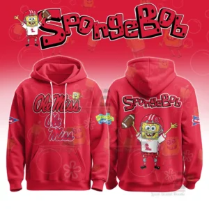 Red hoodie with Ole Miss text and SpongeBob football character printed on the front!