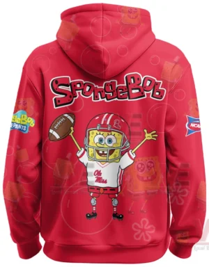 Back of red hoodie showing SpongeBob dressed as a football player with energetic pose!
