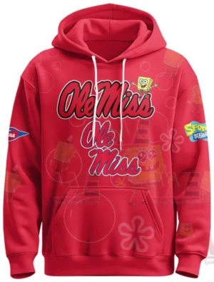 Red Ole Miss hoodie front view with bold lettering and themed design!