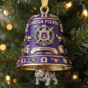Purple Omega Psi Phi one hundred fifteen year anniversary bell ornament with gold symbols and hanging bulldog charm on a Christmas tree!