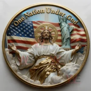 A coin depicting Christ with open arms before an american flag and the statue of liberty with the words one nation under god above!