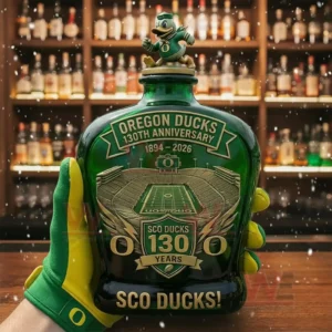 Oregon Ducks anniversary bottle with duck mascot lid displayed in front of a softly lit bar with many bottles in the background!
