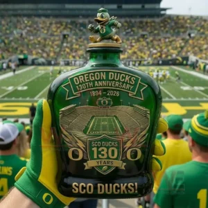 Oregon Ducks anniversary bottle held above the crowd in a football stadium with fans wearing green and yellow surrounding the field!
