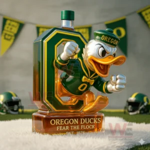 Oregon Ducks themed whiskey bottle with energetic duck mascot displayed on a football field inspired setting!