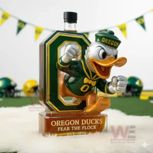 Oregon Ducks mascot whiskey bottle standing on a white surface with minimal sports decor!