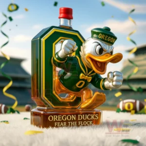 Oregon Ducks whiskey bottle with duck mascot displayed during a festive stadium celebration!