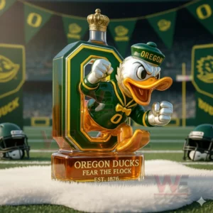 Oregon Ducks themed whiskey bottle with duck mascot shown in a professional football stadium scene!