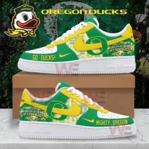 Green and yellow Oregon Ducks themed sneaker with team graphics and bold lettering on the side!