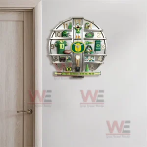 Oregon Ducks themed wall clock displaying detailed football memorabilia arranged inside a metallic round frame!