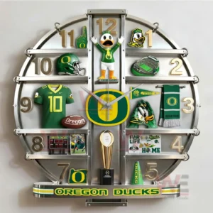 Oregon Ducks Home Decorative 3D Wall Clock 7 Oregon Ducks themed wall clock mounted near a door creating a bold sports focused visual centerpiece!