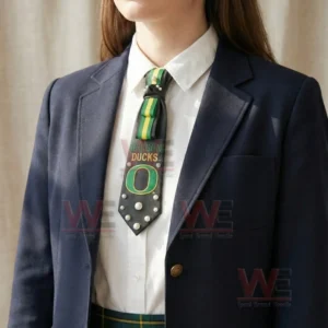 Oregon Ducks premium necktie worn with formal clothing showing green yellow stripes and team logo!