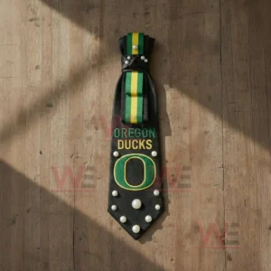 Oregon Ducks Premium Statement Necktie 3 Oregon Ducks premium necktie with green yellow stripes and team logo displayed on wooden background!