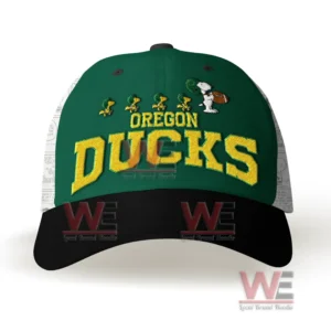 Front view of a green Oregon Ducks baseball cap with Snoopy embroidery and curved black brim!