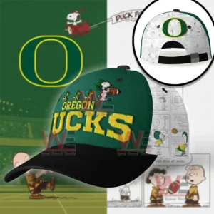 Oregon Ducks Snoopy Premium Cap hat 4 Oregon Ducks Snoopy cap shown in a promotional scene with themed graphics and close detail view!