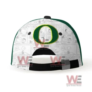 Oregon Ducks Snoopy Premium Cap hat 5 Back view of a green white and black Oregon Ducks cap with comic pattern and adjustable closure!