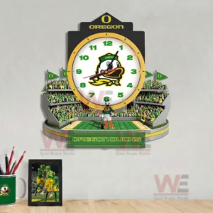 Oregon Ducks stadium style wall clock with mascot crowd scene and vibrant team colors!