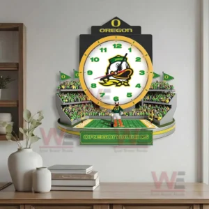 Oregon Ducks wall clock above a shelf with neutral decor and bold college football presence!