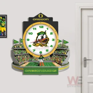 Oregon Ducks wall clock near a doorway with stadium theme and clear team details!