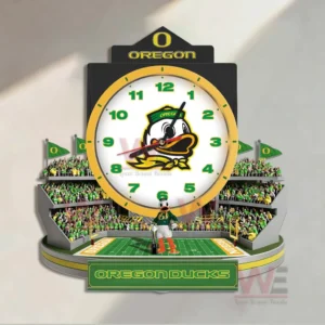 Close view of Oregon Ducks decorative wall clock with mascot focus and stadium style presentation!