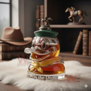 Glass duck bottle with amber liquid green cap and horse topper on white fur in a warm study room!