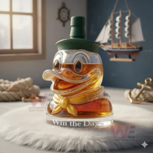 Duck shaped glass bottle with amber liquid on white fur with ship and nautical decorations!