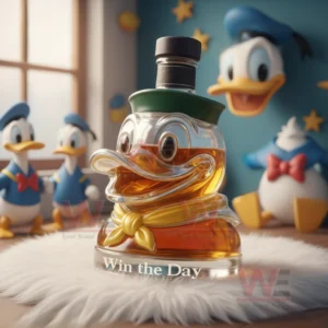 Duck shaped glass bottle with amber liquid on white fur with cartoon duck figures in the background!