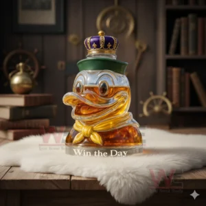 Duck shaped glass bottle with amber liquid and crown cap on white fur in a vintage study setting!