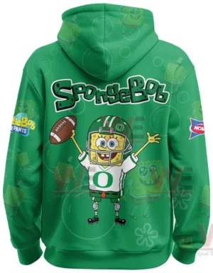 Oregon Ducks x SpongeBob Limited Edition Hoodie 6 The back of a green hooded sweatshirt showing a bright cartoon football character in an energetic pose!