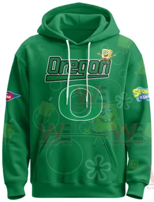 Oregon Ducks x SpongeBob Limited Edition Hoodie 8 The front of a green hoodie featuring collegiate graphics and a cheerful cartoon element for fans!