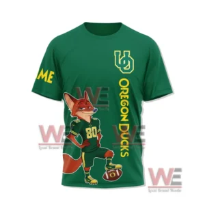 Front view of a green Oregon Ducks shirt with cartoon football fox character and bold team branding!
